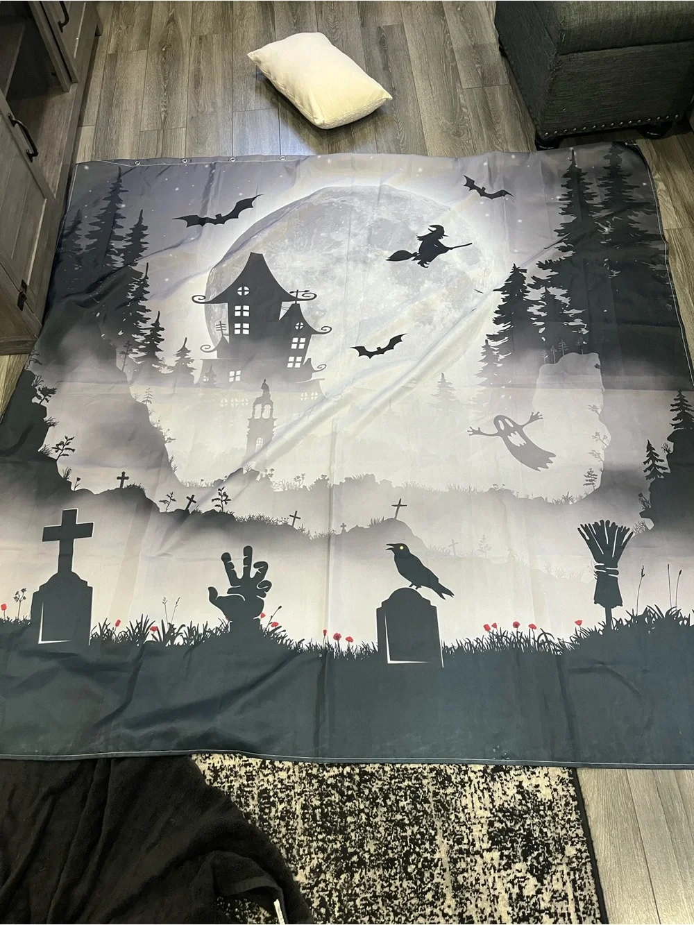 Halloween Haunted Night Shower Curtain - Black & Gray 72” by 72”